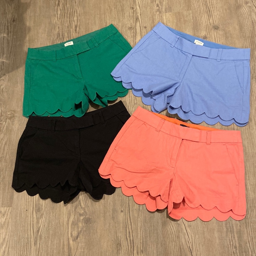 BUNDLE of 4 JCrew linen-cotton scalloped hem shorts, black, green, blue, salmon